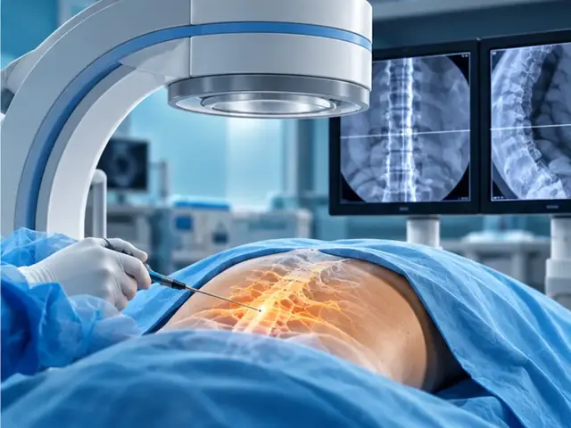 Fluoroscopy equipment and X-ray monitors during a spine procedure (example image)