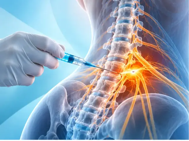 Illustration of a syringe and needle directed toward the spine (example image)