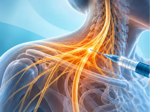 Illustration of a needle directed toward a network of nerves near the shoulder (example image)
